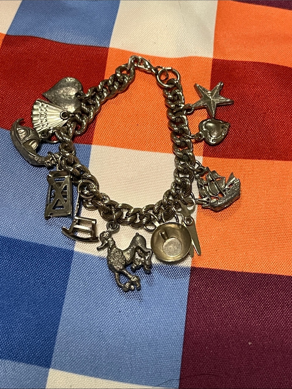 Antique Silver Charm Bracelet with Nautical, Western and Novelty Charms